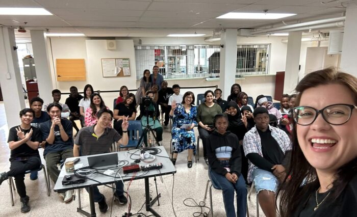 private high school students posing at a career event